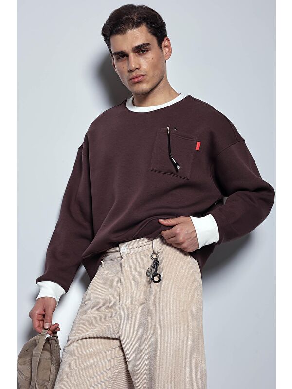 Abluka Online Erkek Oversize Kontrast Detaylı Sweatshirt Kahverengi