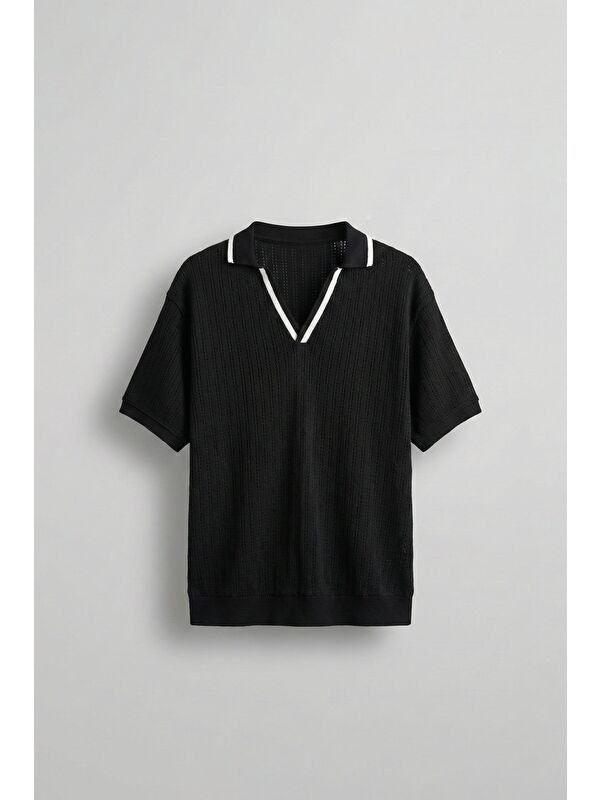 Abluka Online Erkek Yarım Pat V Yaka Desenli Triko T-Shirt Siyah Beyaz