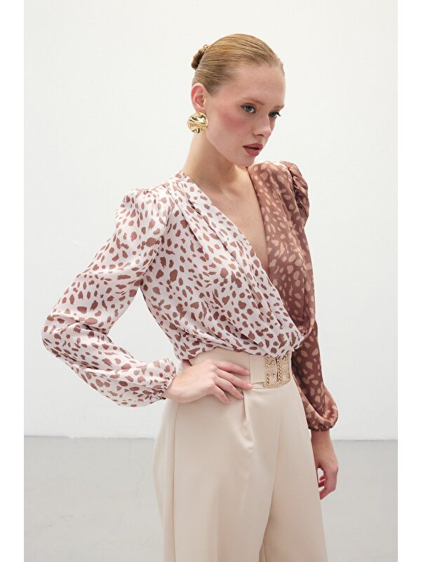 SATEEN Kruvaze Desenli Bodysuit - Kahve-Bej