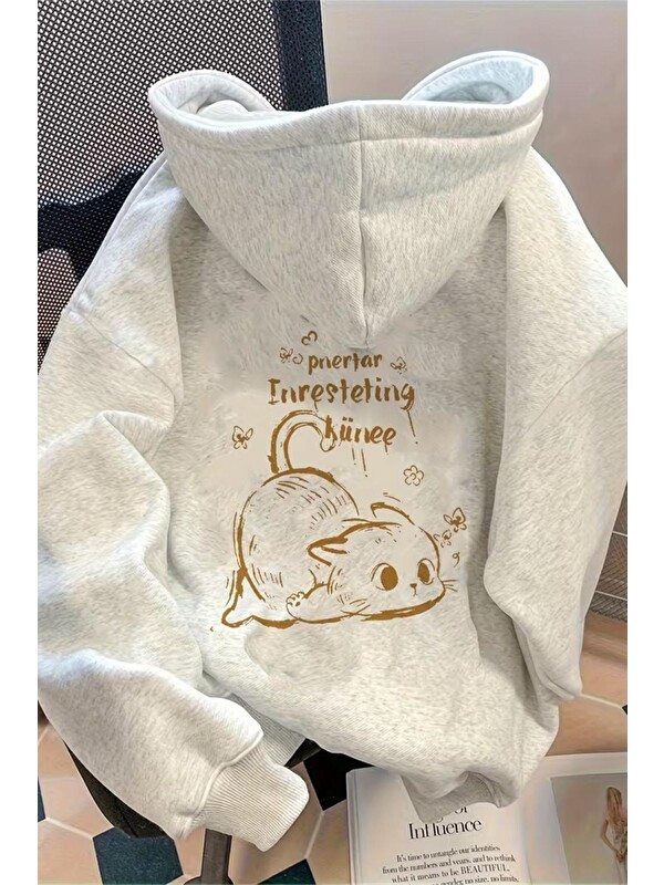 Oksit Pinestar Kedi Sırt Baskılı İçi Pamuklu Unisex Sweatshirt