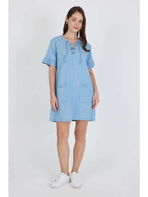 Rodi Kadın Önü Cepli Göğüs Bağcıklı Jean Stil Salopet Elbise 1449