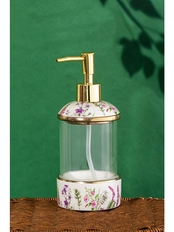 Porsima 3127-1 Gold Kapaklı Porselen ve Cam Sıvı Sabunluk – Çiçek Desenli ve Şeffaf Tasarım 350 ml