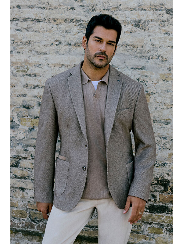 Altınyıldız Classics Erkek Bej Yünlü Slim Fit Dar Kesim Mono Yaka Torba Cepli Esnek Blazer Ceket