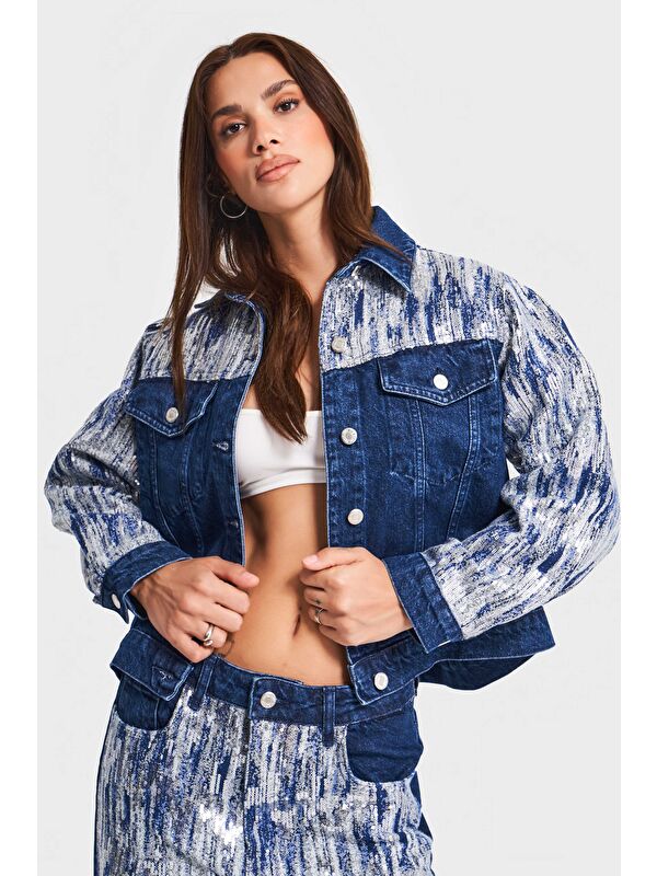 It's Basic Kadın Mavi Renk 1w5-4 Oversize Pullu Özel Kumaş %100 Pamuk Tasarım Denim Ceket