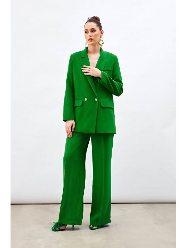 SATEEN Pile Detaylı Salaş Pantolon - Yeşil