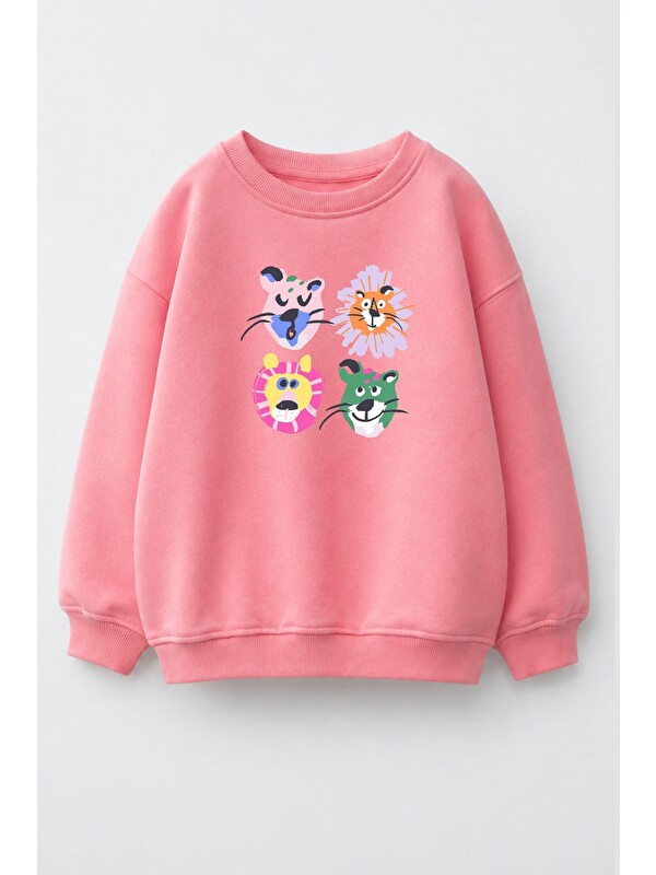 Monila Kız Çocuk 3 İplik Kumaş Pamuklu Hayvan Baskılı Sweatshirt