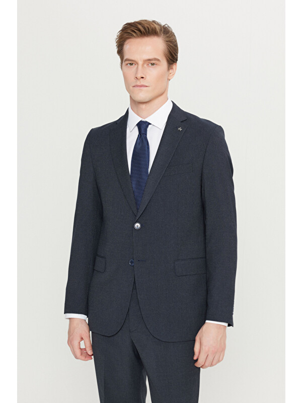 Altınyıldız Classics Erkek Lacivert Slim Fit Dar Kesim Mono Yaka Kapak Cepli Desenli Esnek Takım Elbise