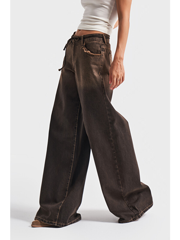 It's Basic Kadın Koyu Tint Renk 21w5-81 Palazzo Fit Cep Yıpratmalı Kemer Detaylı %100 Pamuk Denim Jean