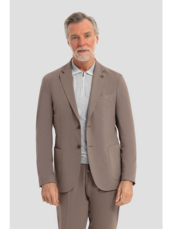 Sabri Özel Erkek Vizon Slim Fit Mono Yaka 6 Drop Modal Karışımlı Astarsız Takım Elbise