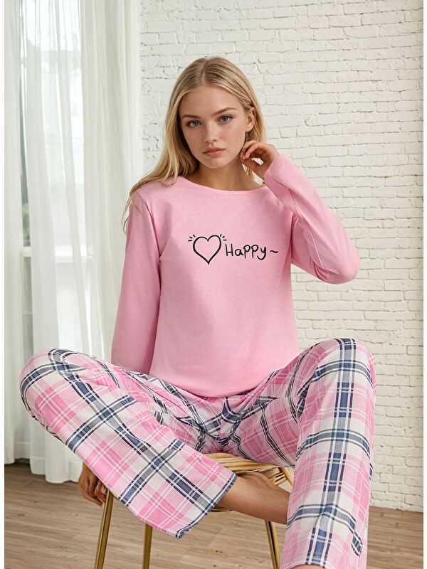 carla10 Ekose Desen Happy Baskılı Uzun Kol Pijama Takımı