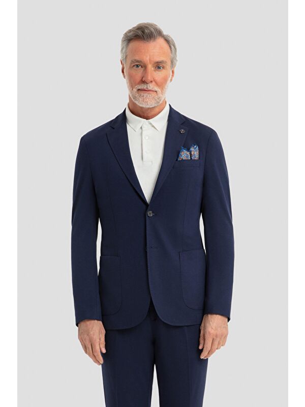 Sabri Özel Erkek Lacivert Slim Fit Mono Yaka 6 Drop Modal Karışımlı Astarsız Takım Elbise