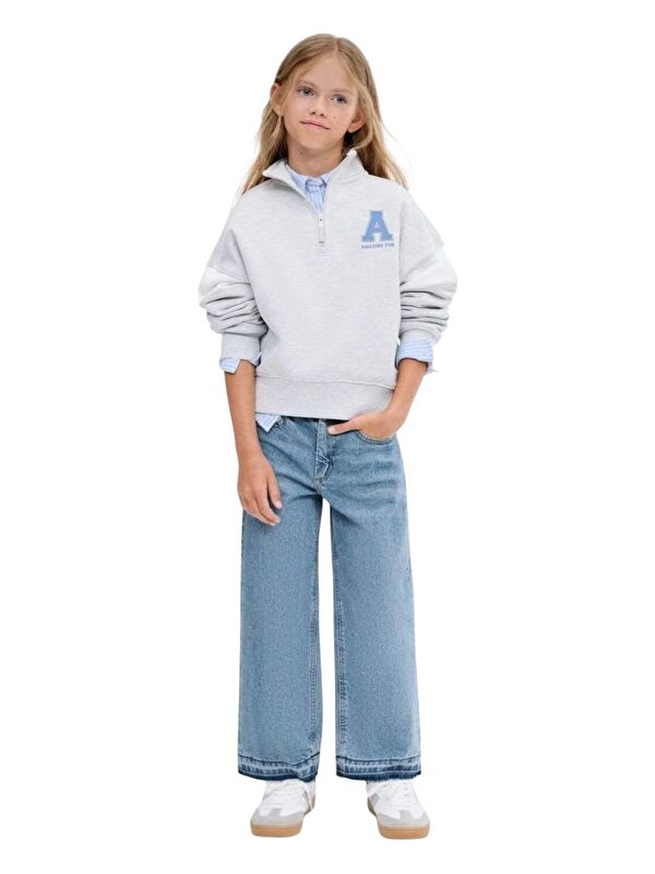 A.S.L GOLF CLUB Kız Çocuk Yüksek Bel Wide Leg Jean Pantolon - Paça Detayli - Beli Aylanabilir Lastikli