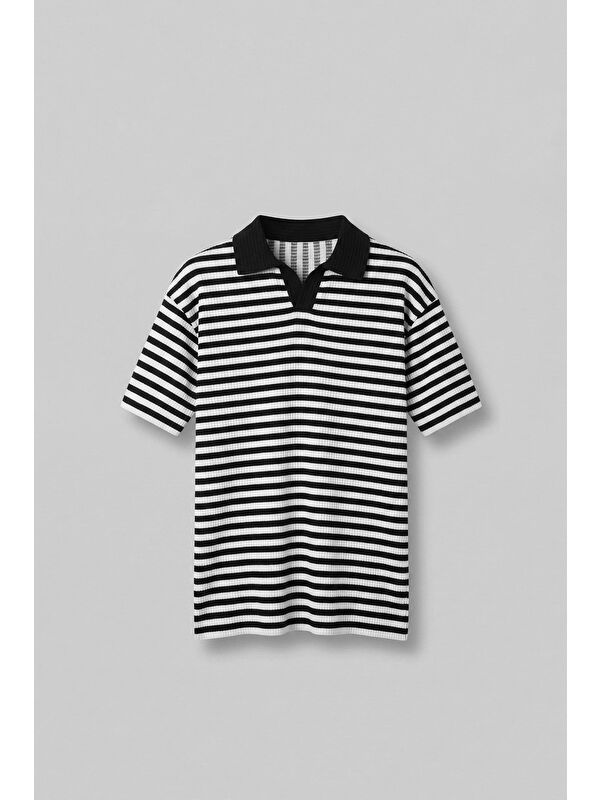 Abluka Online Erkek Oversize Yarım Pat Polo Yaka Çizgili T-Shirt Beyaz - Siyah
