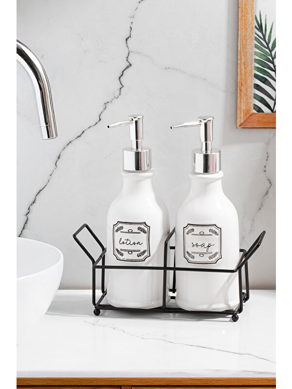 Porsima 3115 Gümüş Kapaklı Porselen 2li Sıvı Sabunluk – Beyaz 700 ml