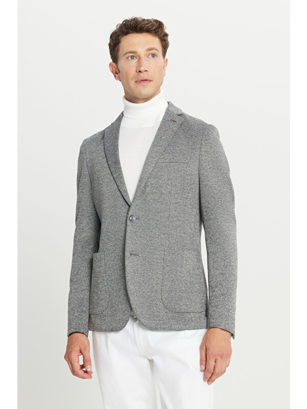 Altınyıldız Classics Erkek Antrasit Pamuklu Slim Fit Dar Kesim Mono Yaka Torba Cepli Çizgili Esnek Ceket