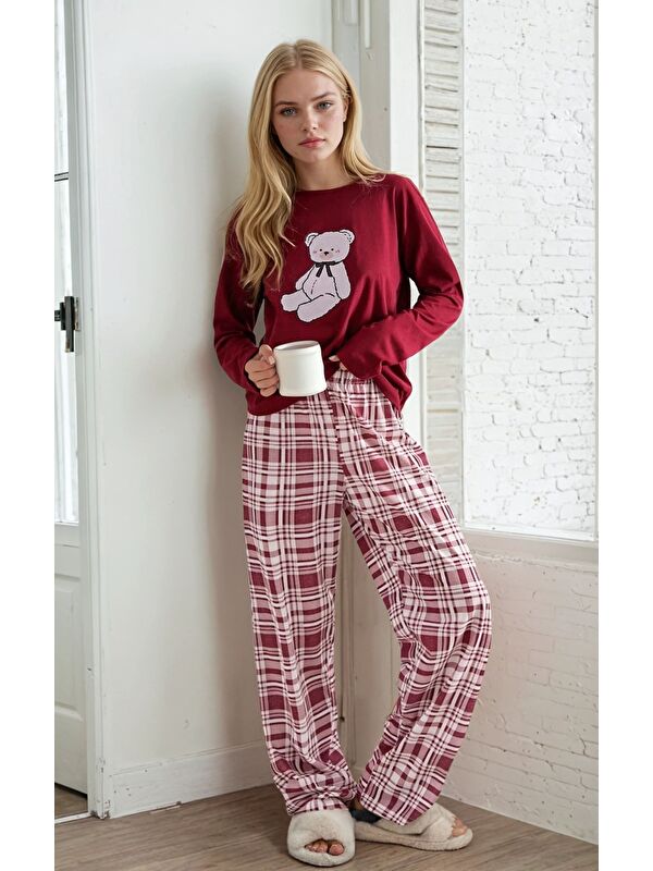 carla10 Ekose Desen Ayıcık Detay Uzun Kol Pijama Takımı