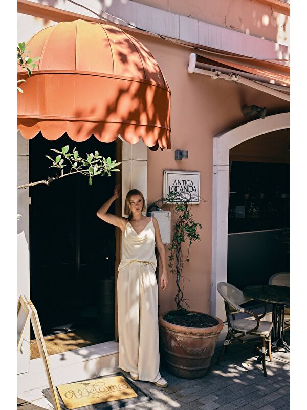SATEEN Kemerli Salaş Pantolon - Krem