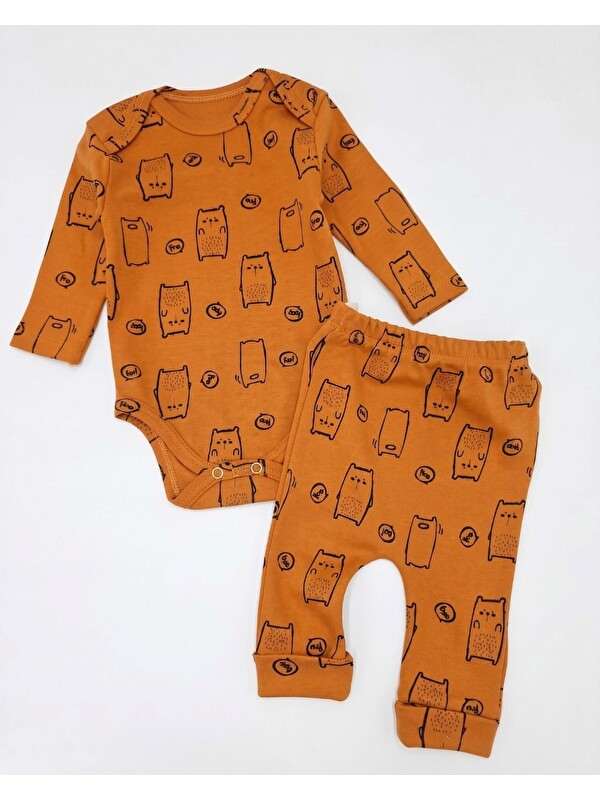 Ege Bebek %100 Pamuk 0-3-6-9-12 Aylık Baskılı Çıtçıtlı Bodyli Pantalonlu 2'li Fitilli İnce Takım