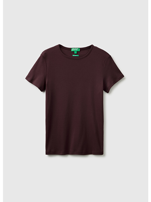 United Colors Of Benetton Kadın Kahverengi %100 Pamuk Bisiklet Yaka T-Shirt