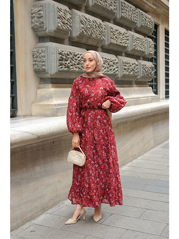 Locco Moda Kadın Çiçek Desen Elbise Bordo