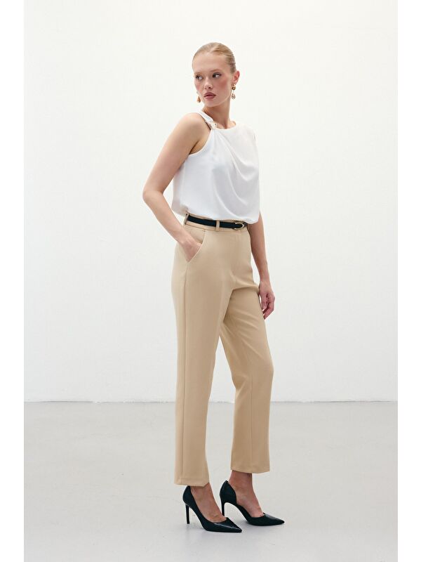 SATEEN Kemerli Pantolon - Koyu Bej