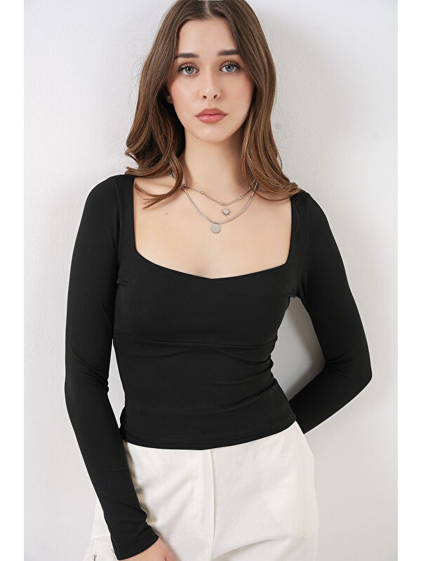 Bigdart Kadın Kare Yaka Slim Fit Bluz 986 - Siyah