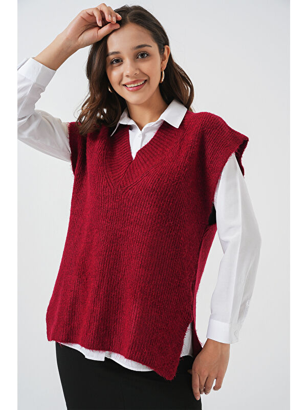 Bigdart Kadın V Yaka Triko Süveter 15925 - Bordo