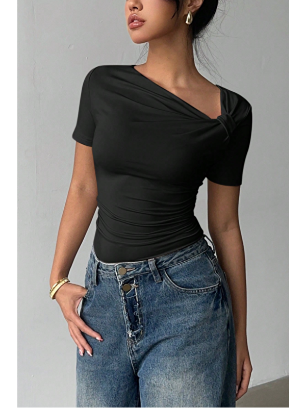 Tarz Cool Kadın Siyah Çapraz Yaka Kısa Kollu Slim Fit Bluz