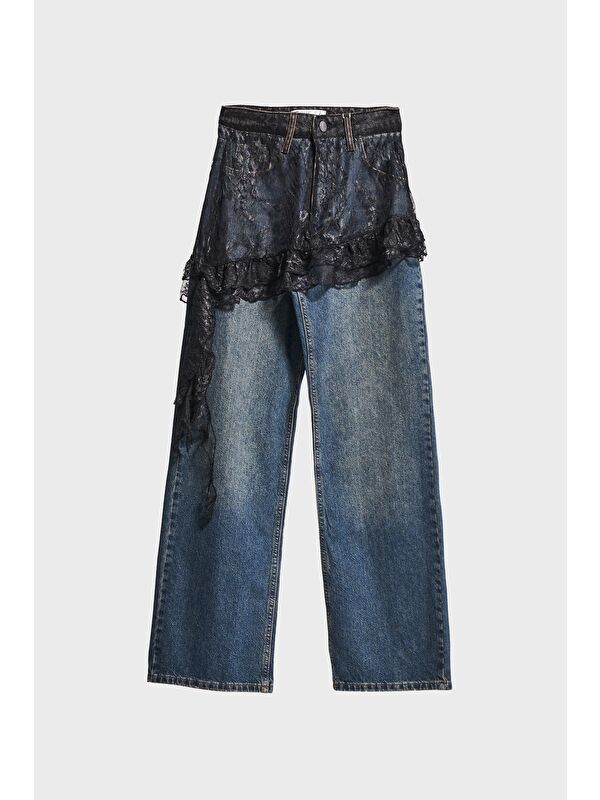 It's Basic Kadın Jean Rengi 2w5-8 Straight Fit %100 Pamuk Dantel Detaylı Etek Özel Tasarım Denim Jean