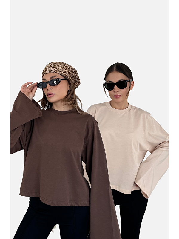 C&City Geniş Kol Oversize 2'Li Paket T-Shirt 965 Bej/Kahverengi