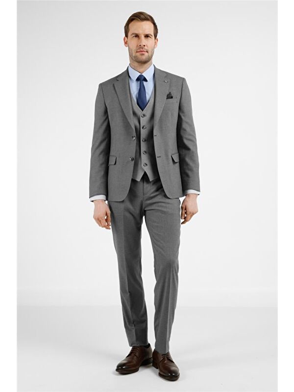 İMZA Gri Mono Yaka Kazayağı Desen Yelekli 6 Drop Slim Fit Takım Elbise 1001255175