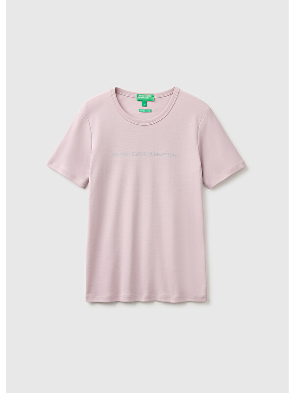 United Colors Of Benetton Kadın Lila %100 Pamuk Logo Baskılı Bisiklet Yaka T-Shirt