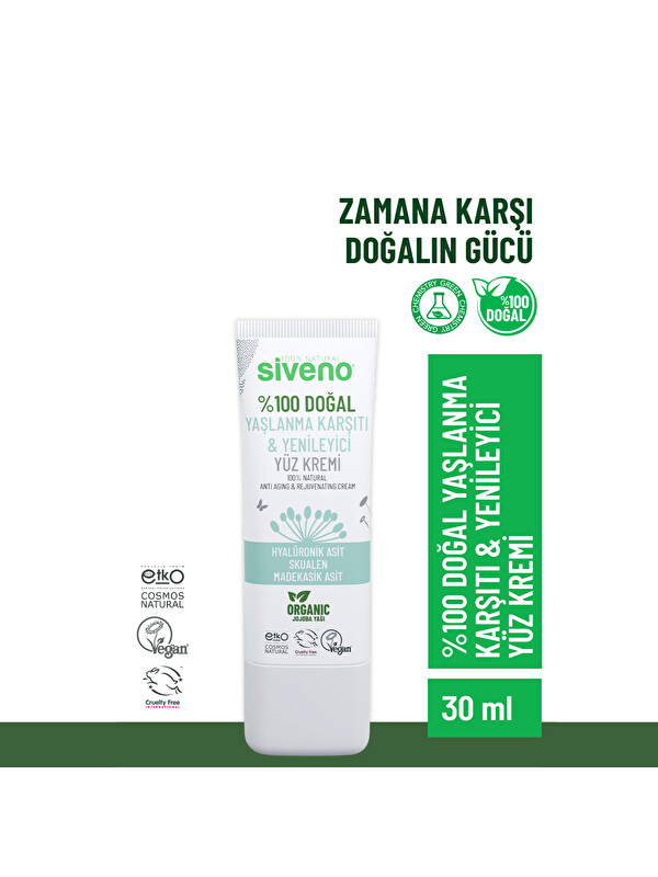 Siveno %100 Doğal Yüz Kremi Yaşlanma Karşıtı Hyaluronik Asit Aydınlatıcı Yenileyici Canlandırıcı 30 ml
