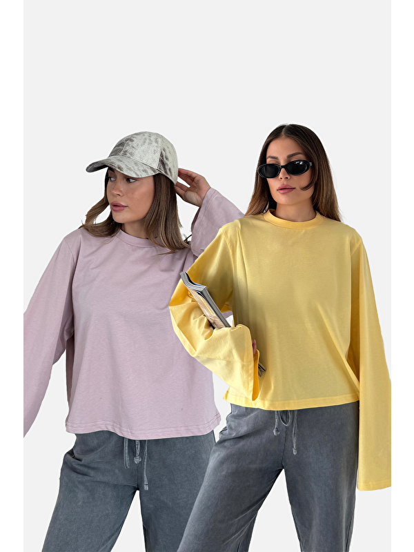C&City Geniş Kol Oversize 2'Li Paket T-Shirt 965 Lila/Sarı