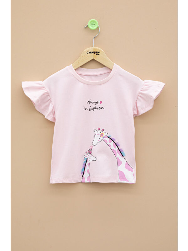 Cansın Mini Pembe Zürafa Baskılı Fırfırlı Kız Bebek Kısa Kol Tişört 20991
