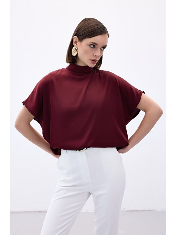 SATEEN Yarasa Kol Salaş Bluz - Bordo