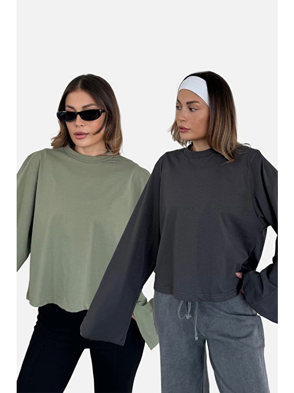 C&City Geniş Kol Oversize 2'Li Paket T-Shirt 965 Haki/Füme