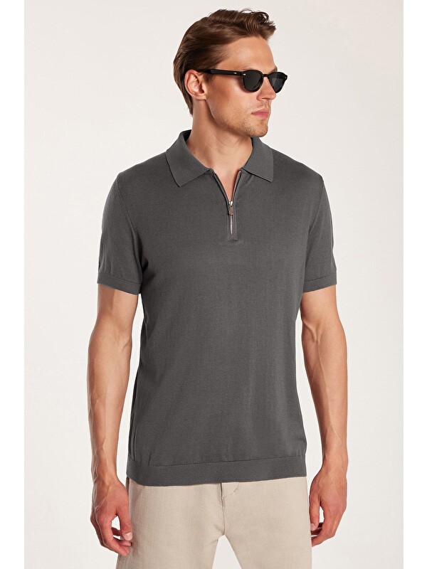 TUDORS Erkek Slim Fit Dar Kesim Pamuklu Örme Triko Fermuarlı Füme Polo Yaka Tişört
