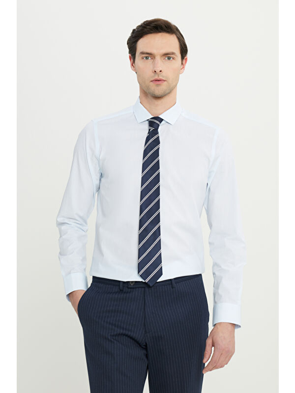 Altınyıldız Classics Erkek Mavi Flamlı Slim Fit Dar Kesim Düğmeli Yaka Gömlek