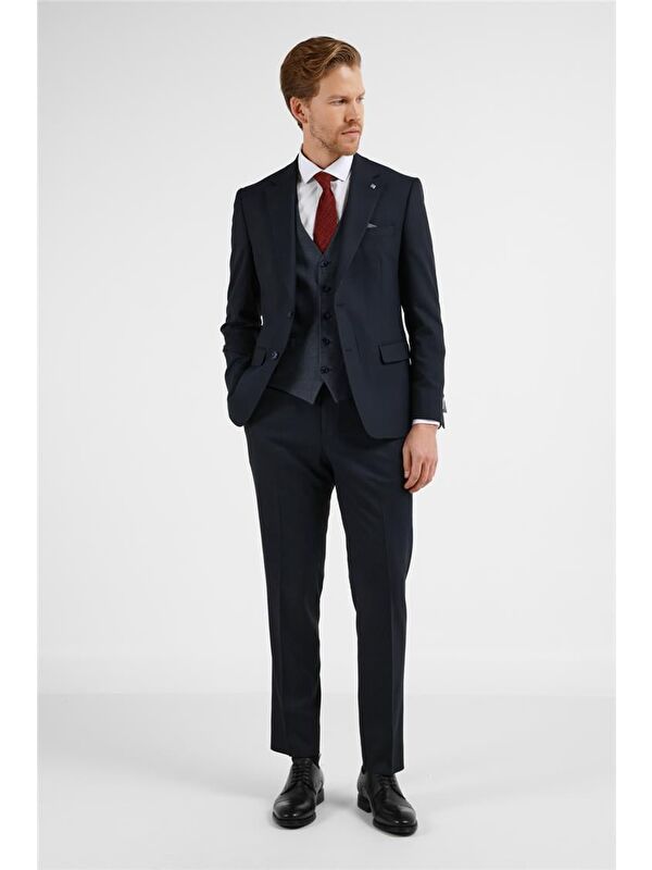 İMZA Lacivert Mono Yaka Kazayağı Desen Yelekli 6 Drop Slim Fit Takım Elbise 1001255175