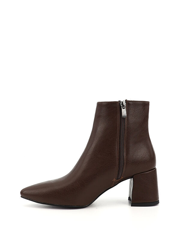 Kadın ÇİKOLATA KAHVE Fermuarlı Sivri Burun Kalın Topuklu Bot - Görsel 4