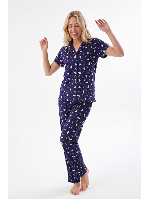 NBB Lacivert Sweet Dreams Önden Düğmeli Pijama Takımı