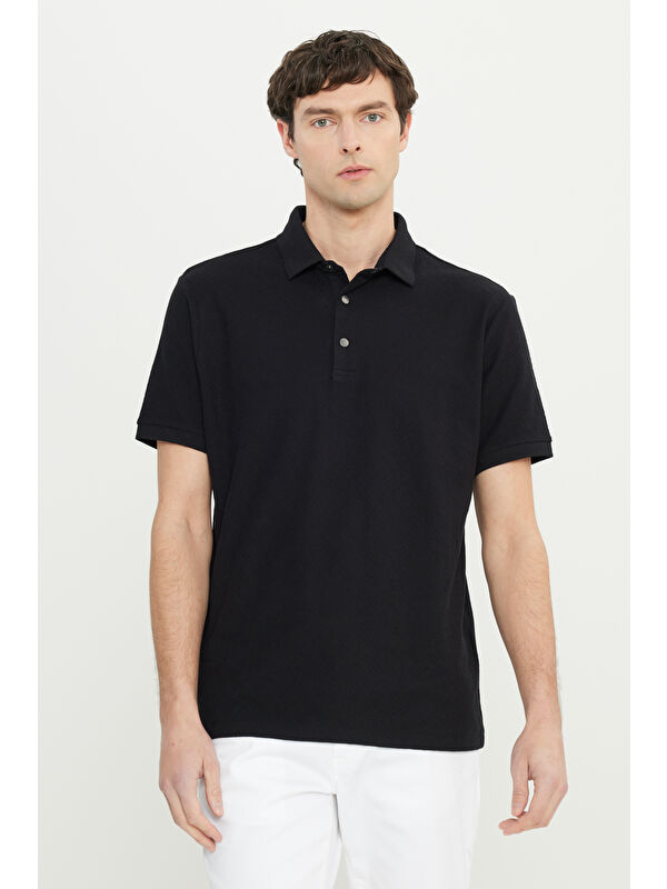 Altınyıldız Classics Erkek Siyah %100 Pamuk Comfort Fit Rahat Kesim Polo Yaka Jakarlı Tişört