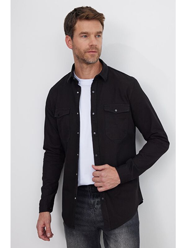 TUDORS Erkek Slim Fit Dar Kesim Uzun Kollu Denim Jean Çift Cep Çıtçıtlı Siyah Gömlek