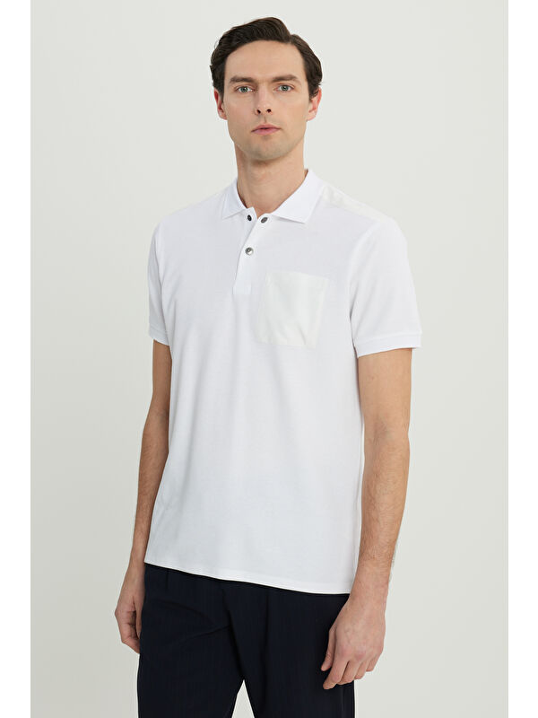 Altınyıldız Classics Erkek Beyaz Pamuklu Slim Fit Dar Kesim Polo Yaka Esnek Tişört