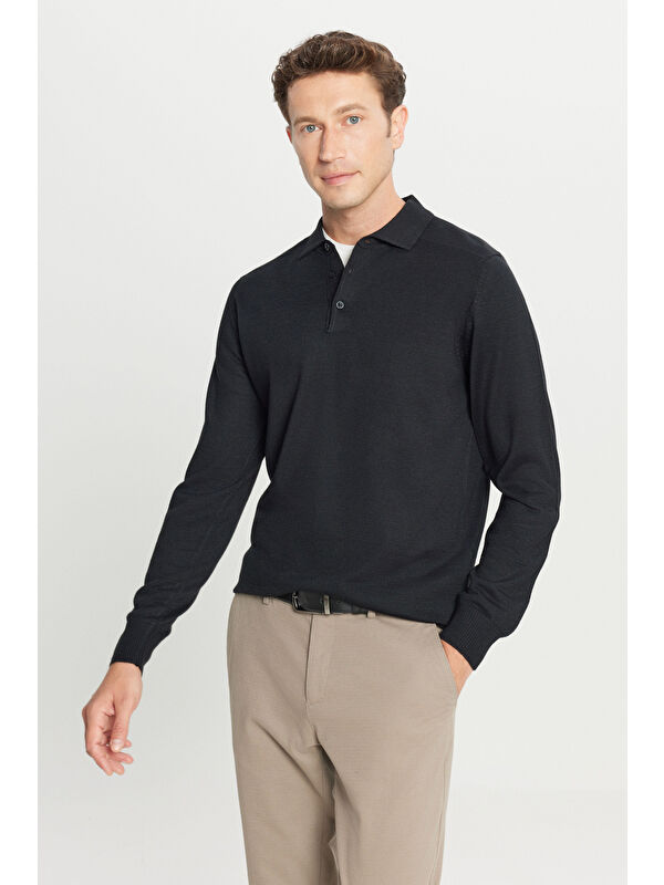 Altınyıldız Classics Erkek Siyah Yünlü Standart Fit Normal Kesim Polo Yaka Basic Triko Kazak