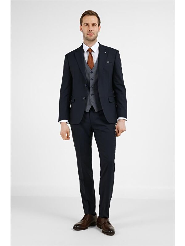 İMZA Lacivert Mono Yaka Kazayağı Desen 6 Drop Slim Fit Takım Elbise 1001255173