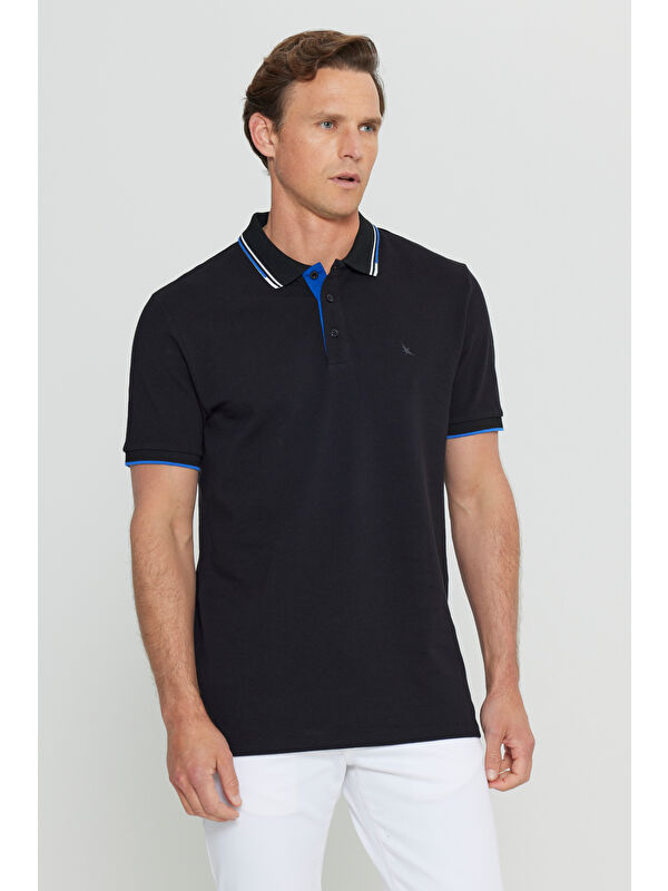 Altınyıldız Classics Erkek Siyah %100 Pamuk Slim Fit Dar Kesim Polo Yaka Tişört