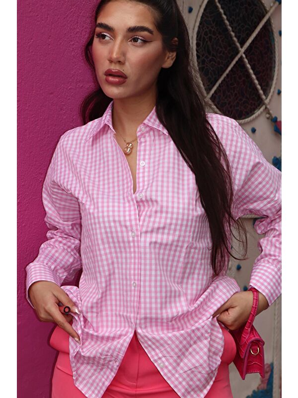 Madmext Pembe Pötikareli Uzun Kollu Kadın Gömlek Mg2386