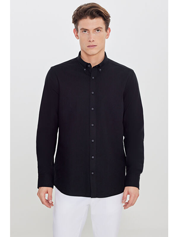 Altınyıldız Classics Erkek Siyah Pamuklu Slim Fit Dar Kesim Düğmeli Yaka Diagonal Desenli Flanel Gömlek